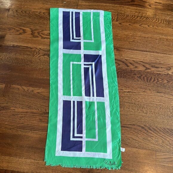 Vintage mid century Raffaello green, white & navy blue acetate long scarf - Picture 6 of 9